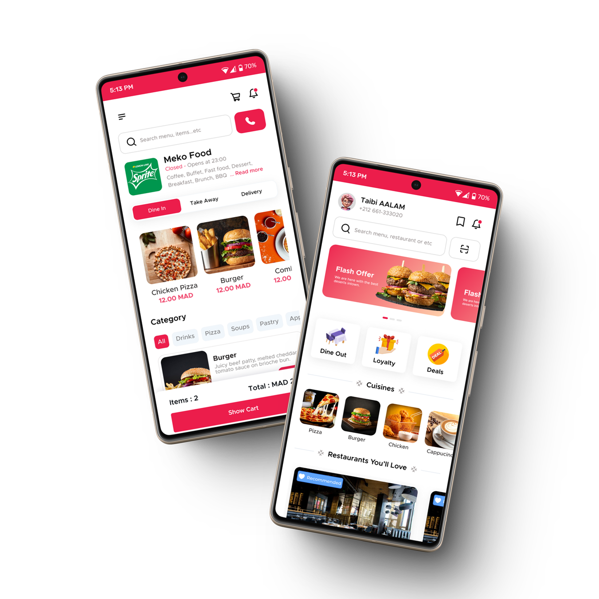 UPay app showing restaurant discovery and menu ordering screens