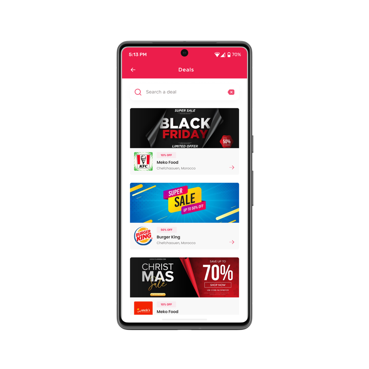 UPay app home screen with personalised restaurant recommendations